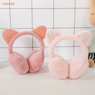 [risesky] Vỏ Bọc Tai Nghe Chụp Tai Phối Lông Dày Giữ Ấm Mùa Đông Hình Tai Mèo Đính Kim Sa Lấp Lánh