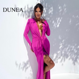 DUNEA Đầm Tay Dài Cổ Chữ V Xẻ Tà Quyến Rũ Thời Trang Cho Nữ