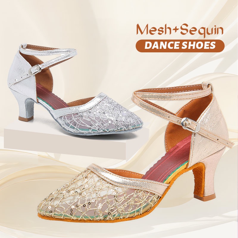 Giày Cao Gót Nhảy Latin Tango Bít Mũi Gót 5cm Đính Kim Sa Lưới Thoáng Khí Cho Nữ