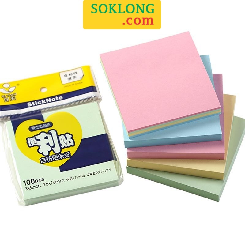 Giấy ghi chú vuông 100 tờ trơn NO36 gam màu Pastel, giấy ghi chú basic, nhãn dán note SoKlong