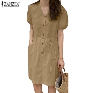 Zanzea Đầm Tay Phồng Ngắn Cổ Chữ v Có Túi Có Thể Tháo Rời Thời Trang Hàn Quốc Cho Nữ