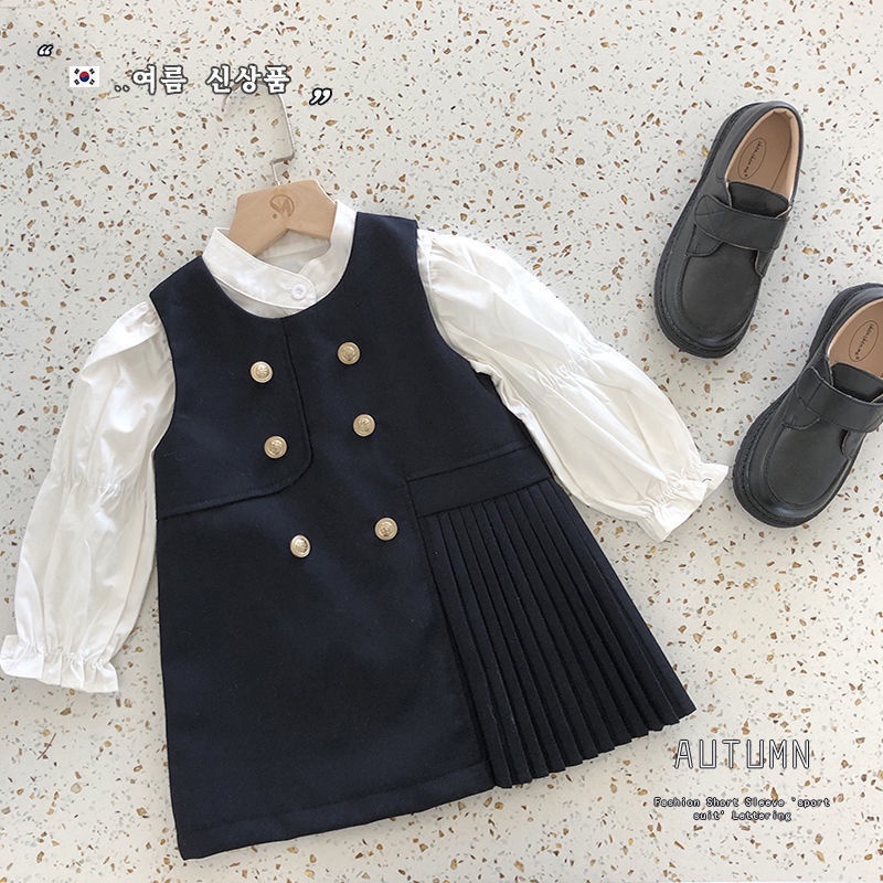 Set Áo Sơ Mi Tay Phồng + Váy Yếm Phong Cách Hàn Quốc Thời Trang Mùa Thu Mới Cho Bé Gái