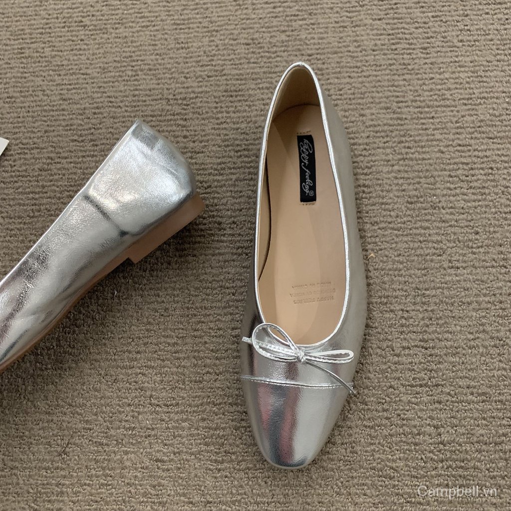 Giày Búp Bê Mũi Vuông Đính Nơ Màu Bạc Thời Trang Xuân Hè 2023