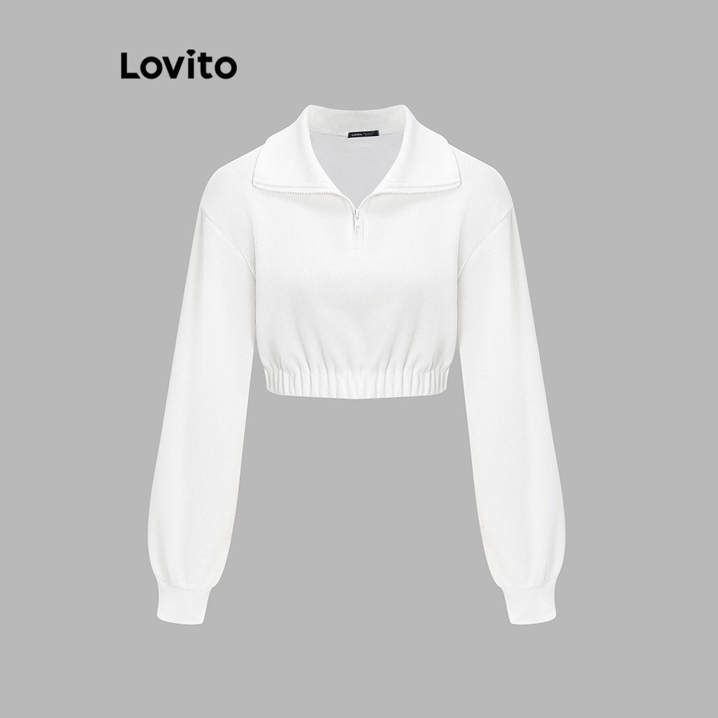 Áo sweatshirt Lovito tay bishop phối khóa kéo màu trơn thanh lịch cho nữ L62ED065