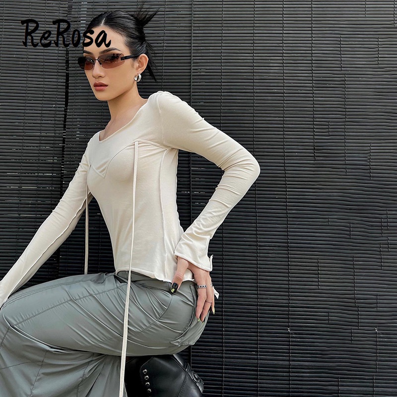 Rerosa Áo Thun Tay Dài Cổ Chữ v Màu Trơn Dáng Ôm Thời Trang 2023 Dành Cho Bạn Nữ