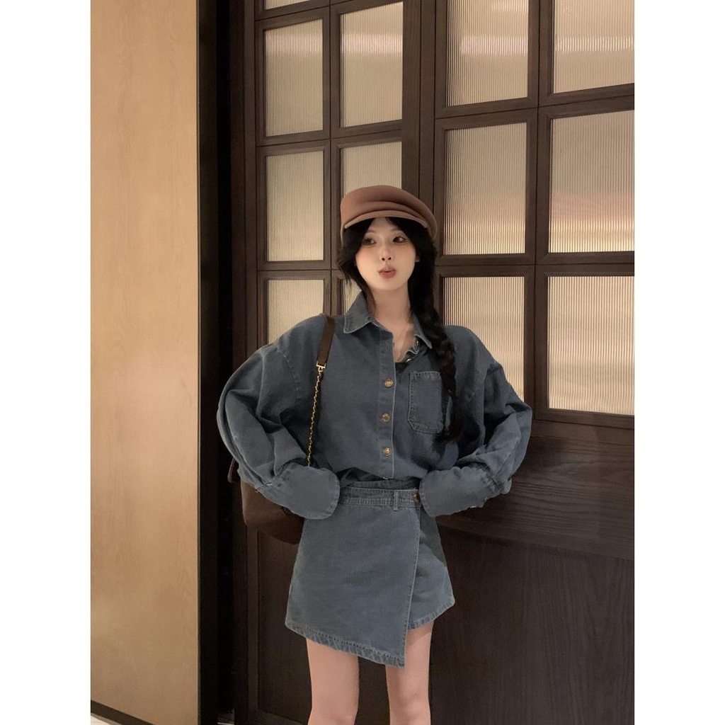 Set Áo Khoác Jeans Dài Tay + Chân Váy Jeans Thời Trang Hàn Cho Nữ 3n