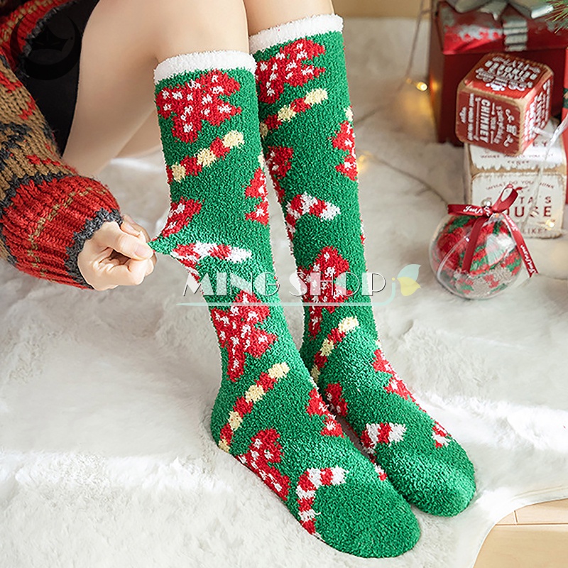 Ming Vớ Lông Cừu San Hô Ấm Áp Hình Ông Già Noel Tuần Lộc Giáng Sinh