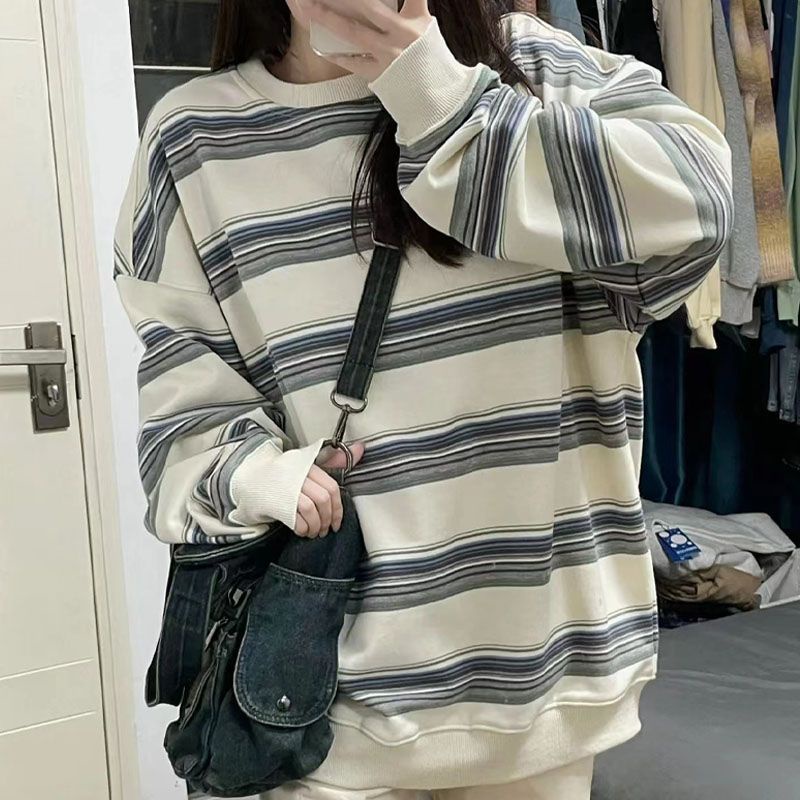 Cozok Áo Sweatshirt Kẻ Sọc Tay Dài oversize Phong Cách retro Thời Trang