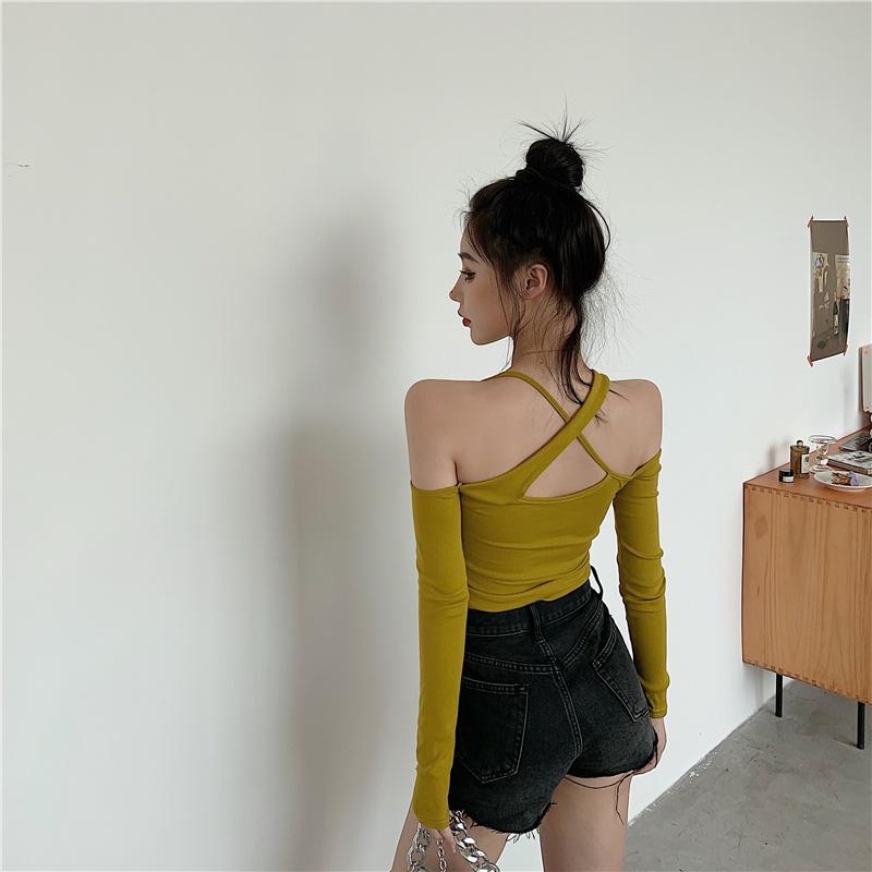 Áo Thun Tay Dài Trễ Vai Thiết Kế Lệch Tà Quyến Rũ Cho Nữ