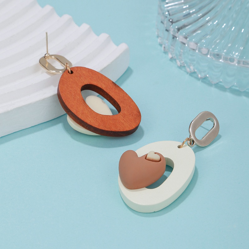 Bông Tai Hình oval Mặt Gỗ resin Hình Học Ngọt Ngào Phong Cách Dân Tộc