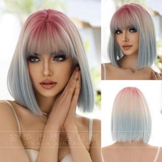 7JHH WIGS MW1067-1 Tóc Giả Ngắn Thẳng Nữ Hồng Chuyển Màu Xanh Không Khí Nổ Bob Đầu Tóc Ngắn Toàn Bộ Mũ Màu Hồng Bob Tóc Giả