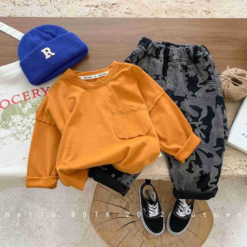 Áo Thun Tay Dài Dáng Rộng Màu Trơn Phong Cách Hàn Quốc Thời Trang Mùa Thu Mới Cho Bé Trai