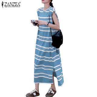 Zanzea Đầm Nữ Cộc Tay Cổ Tròn Sọc Ngang Thời Trang Hàn
