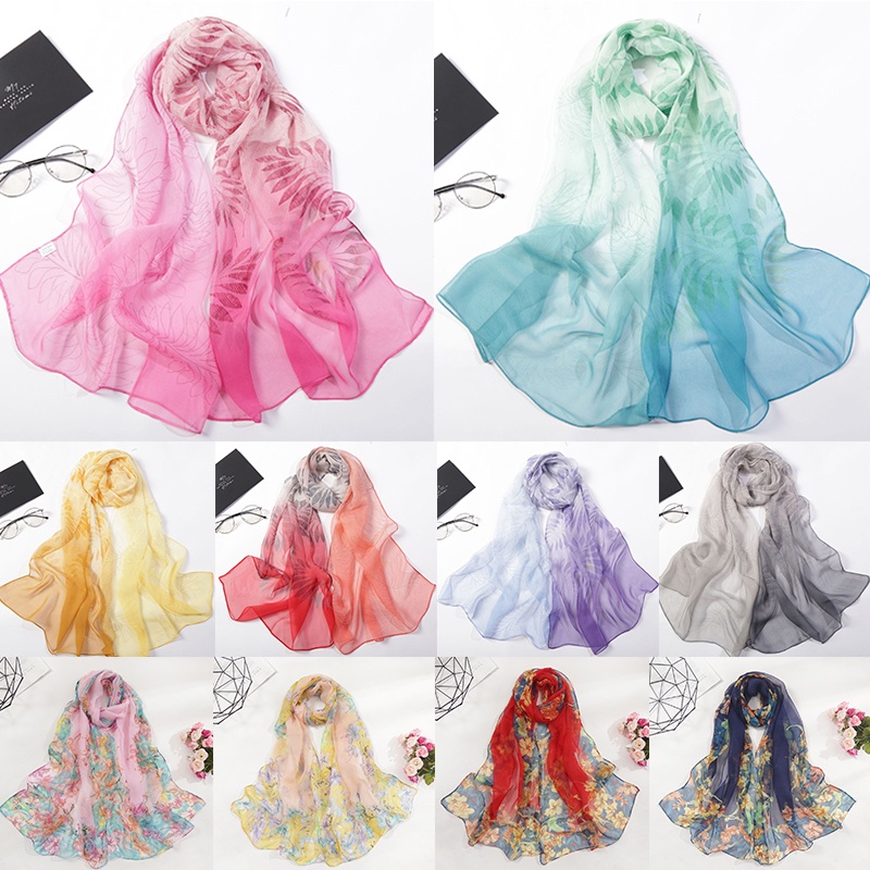 1 Khăn Choàng chiffon Mềm In Họa Tiết Hoa Lá Màu gradient 160 * 50cm