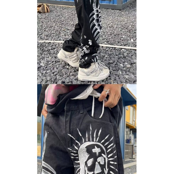 Graffiti Skull Personality Printed Jeans Men and Women New Ins Street Trend Hip Hop Straight Loose Pants GXnC