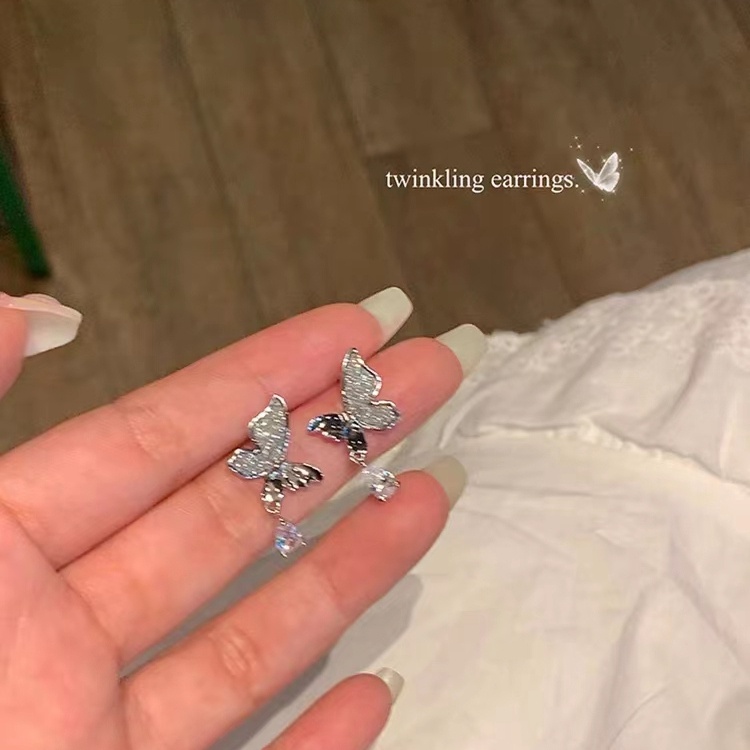Bông Tai Mạ Bạc 925 Hình Bướm Đính Đá zircon Ngọt Ngào Thời Trang Cho Nữ