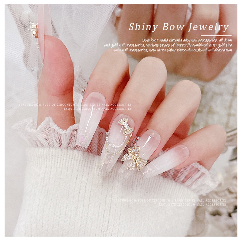 Trang sức nghệ thuật móng tay nơ vàng mạ zircon / Dây buộc kim cương gắn móng tay bằng kim loại không phai màu