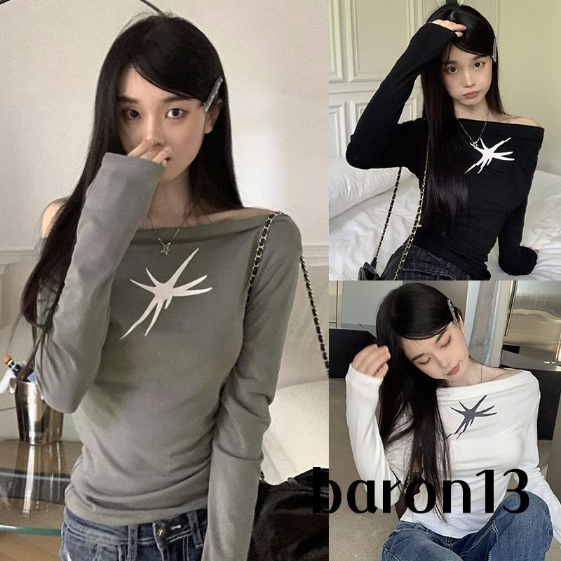 Xo8k-áo Thun Tay Dài Hở Vai Dáng Ôm In Họa Tiết Dành Cho Nữ