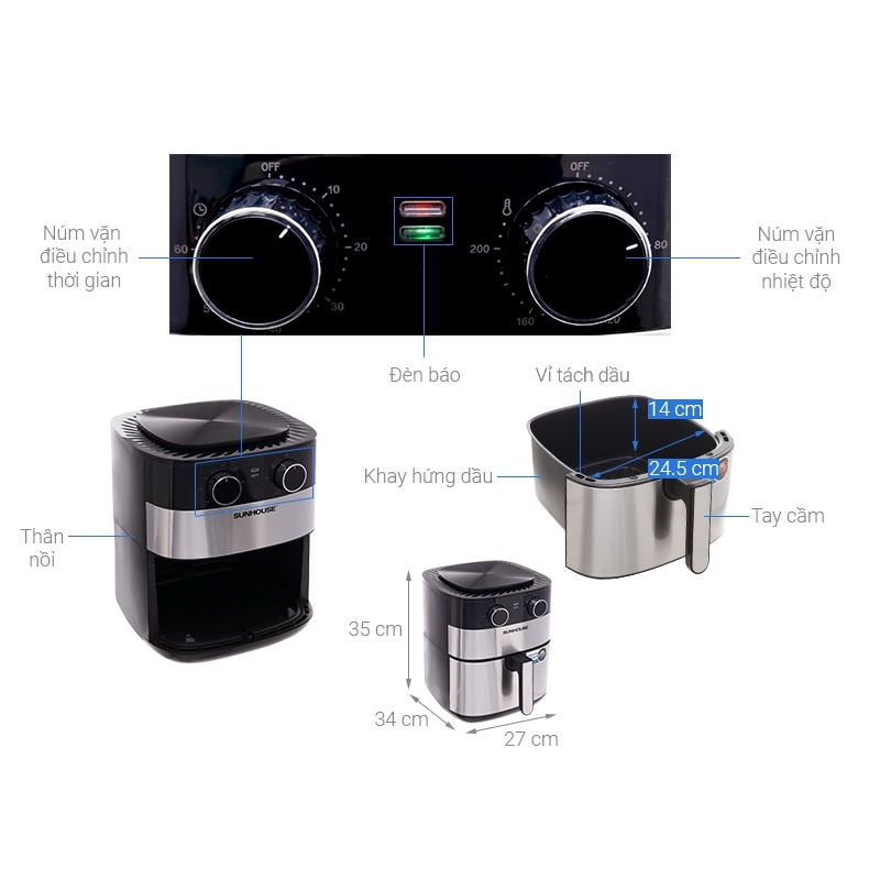 Nồi chiên không dầu 6.0L SUNHOUSE SHD4026