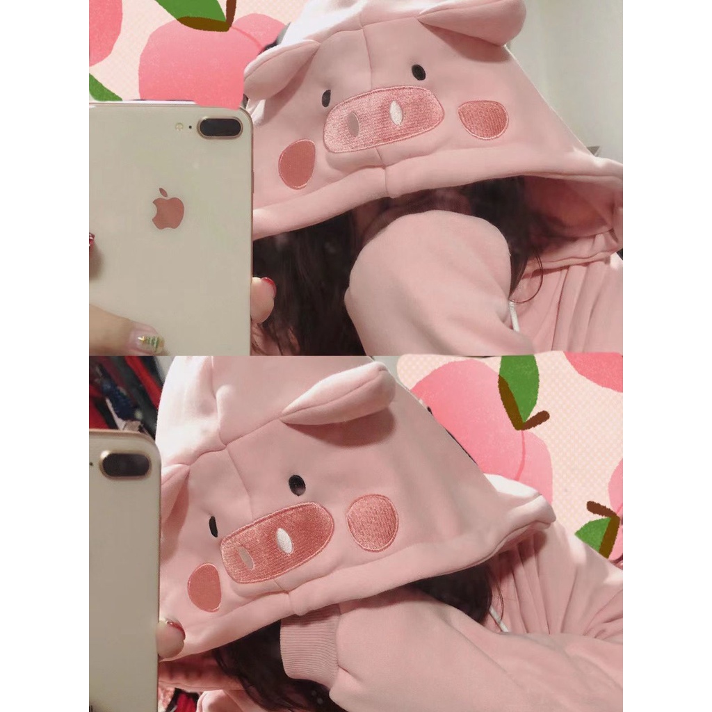 Áo Hoodie Nhung Dày Dặn Dáng Rộng Thêu Hình Chú Heo Dễ Thương Thời Trang Thu Đông Cho Nữ