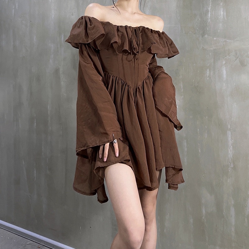 Đầm Váy Corset, Váy Tay Rũ Xoè Nhẹ, Váy Trễ Vai Màu Nâu Phù Hợp Đi Chơi, Đi Học, Đi Làm, Dự Tiệc