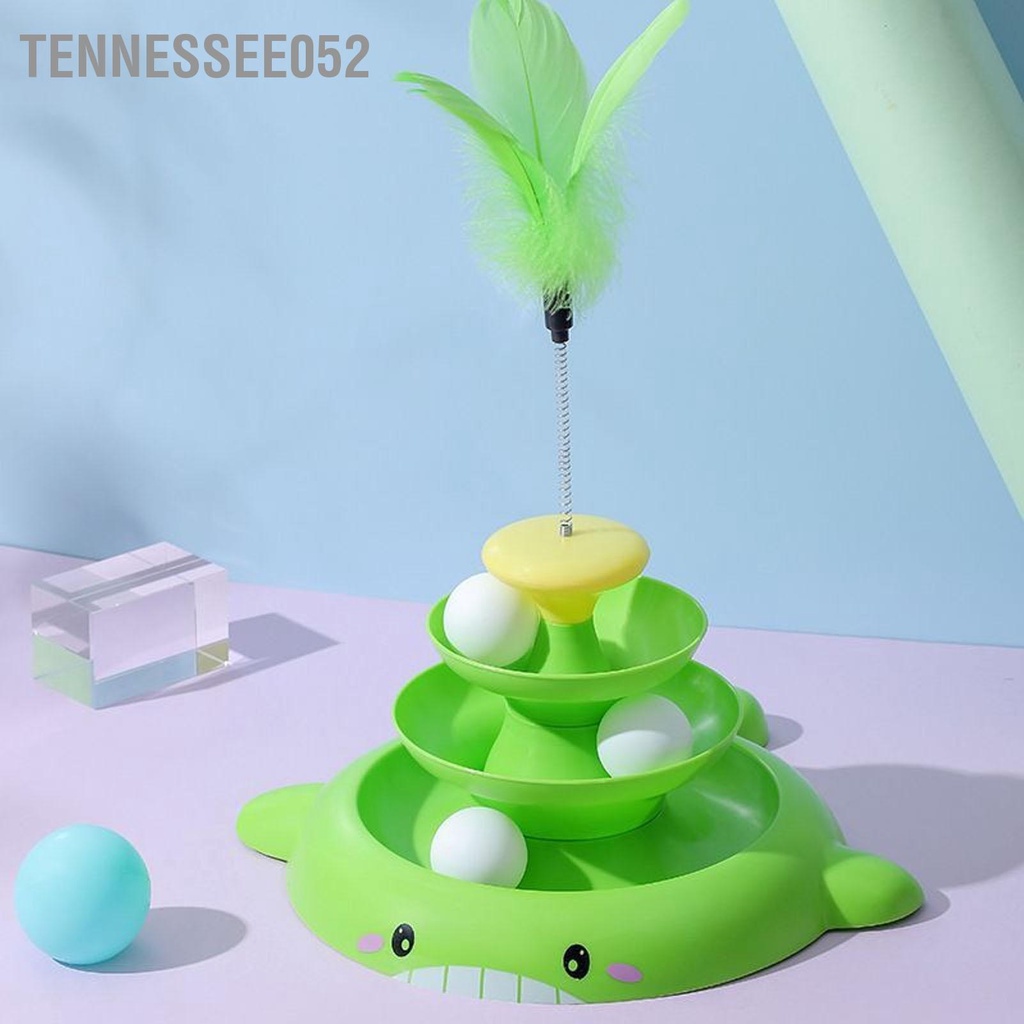Tennessee052 Đồ chơi bóng bàn xoay cho mèo 3 cấp độ tương tác làm giảm sự nhàm chán của con tháp lăn đồ với thanh lông vũ và quả