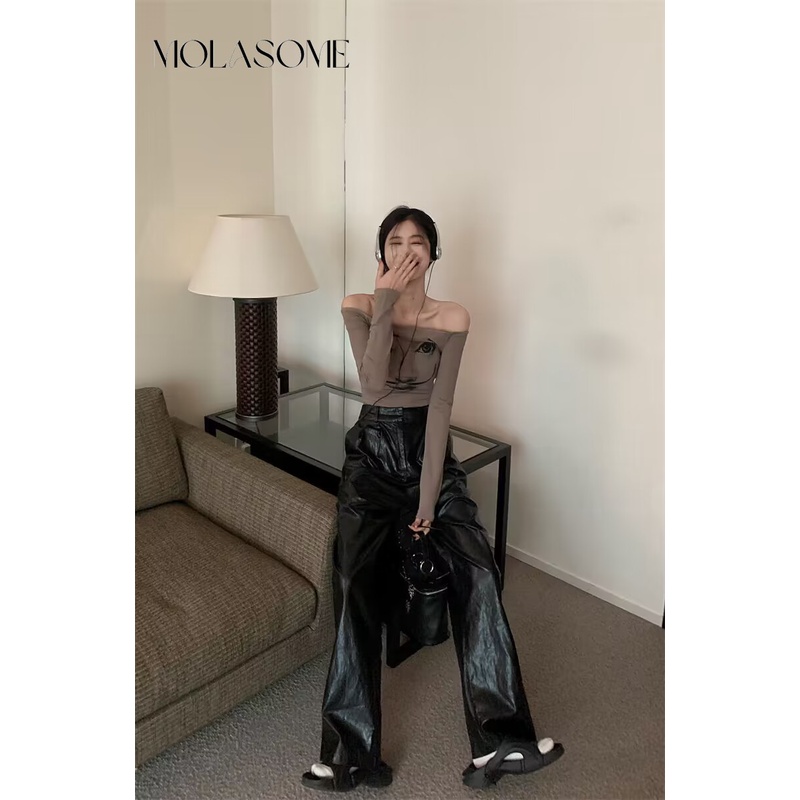 Polaroisome Áo Thun Tay Dài Hở Vai Dáng Ôm Màu Trơn Thời Trang 2023 Dành Cho Bạn Nữ