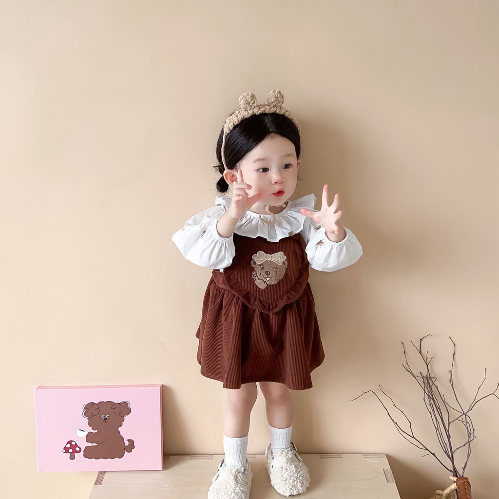 Bộ Áo Cổ Ren In Hoạt Hình + Chân Váy Yếm Xinh Xắn Thời Trang Cho Bé Gái