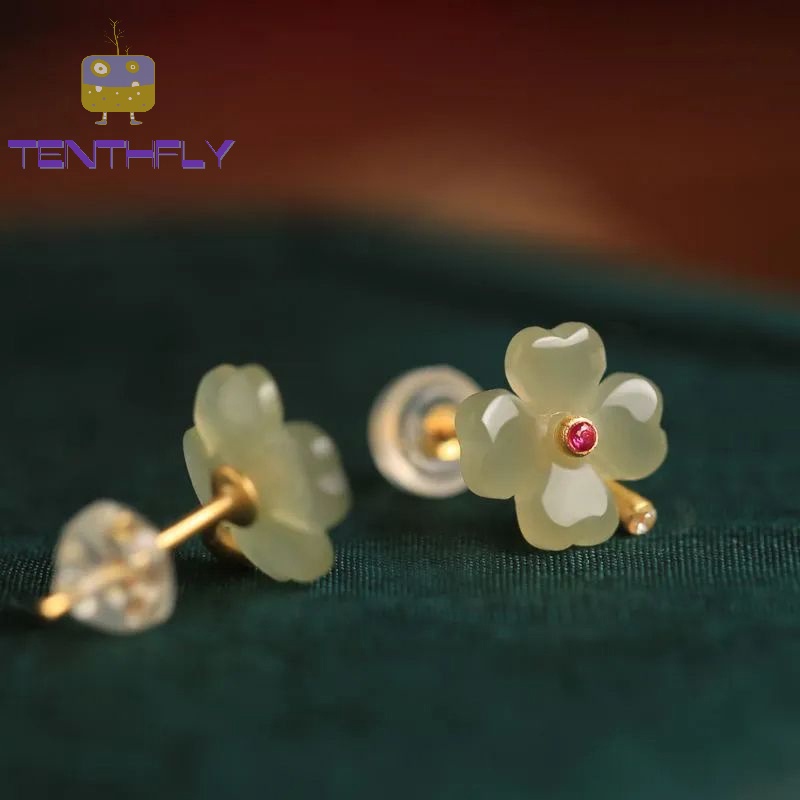 Bông Tai Hình Cỏ Bốn Lá May Mắn Đính Ngọc Bích Phong Cách retro