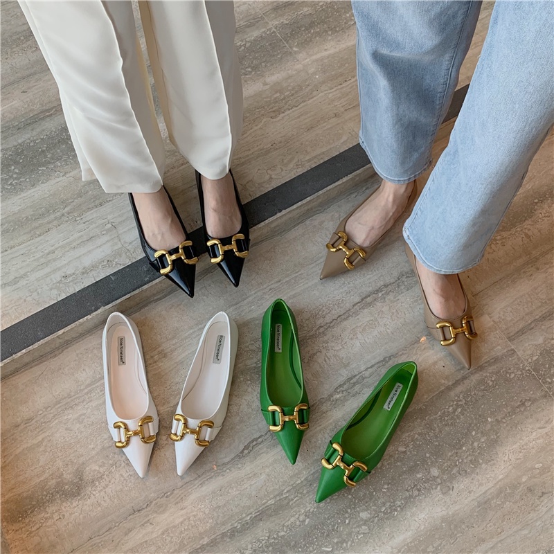 Giày Búp Bê Đế Mềm Mũi Nhọn Phối Khóa Kim Loại Thời Trang Mùa Thu 2023 Cho Nữ