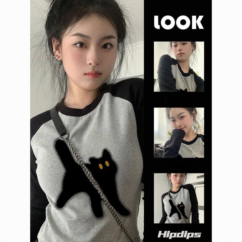 Áo baby tee  Áo Thun Tay Dài Áo croptop tay dài Hở Vai Màu Sắc Tương Phản Phong Cách retro Mỹ Thời Trang Mùa Thu Cho Nữ