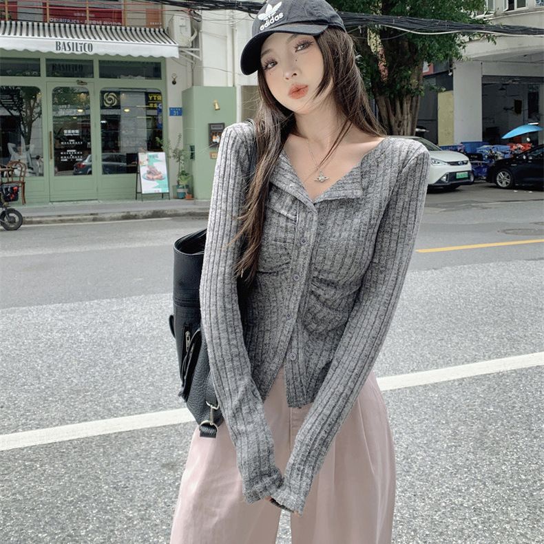 Áo Dệt Kim Tay Dài Dáng Ôm Xếp Ly Thời Trang Mùa Thu Xinh Xắn Cho Nữ