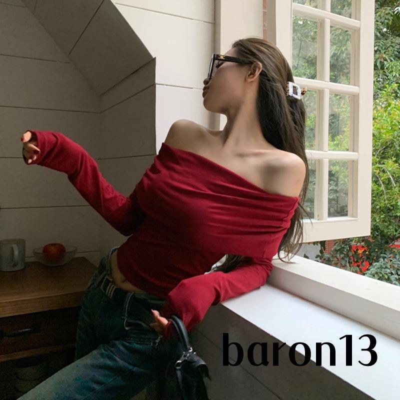 Xo8k-áo Thun Tay Dài Trễ Vai Màu Trơn Ôm Dáng Gợi Cảm Cho Nữ