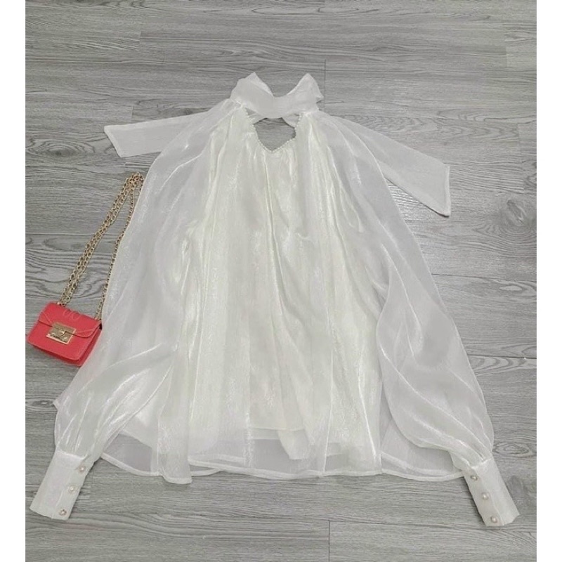 Áo Tơ Babydoll Cổ Ngọc Thắt Nơ Sau Siêu Xinh A60, Áo Kiểu Bánh Bèo Tơ Ánh 2 Lớp Mềm Mịn