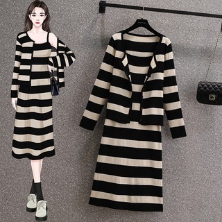 (Sẵn L,XL)Sét Váy Đầm Bigsize Khoác Len Phối Váy Len 2 Dây Dáng Dài Kẻ Trẻ Trung Nữ Tính🌸Hàng Quảng Châu