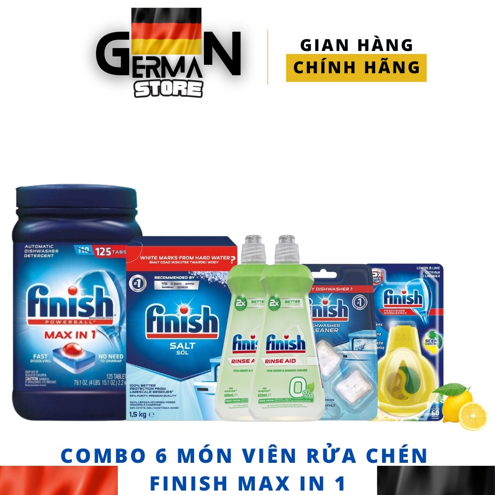 Hộp 125 viên rửa chén Finish Max in 1 + Hộp 1,5Kg muối + 2 Chai 400ml làm bóng + Vỉ 3 viên vệ sinh