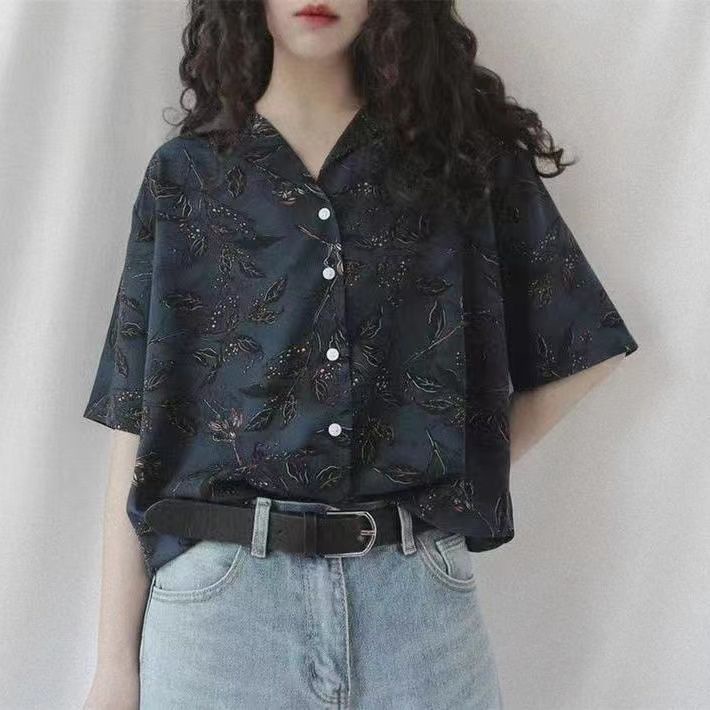 Áo Sơ Mi chiffon Tay Ngắn Màu Đen Và Đen In Họa Tiết Hoa Phong Cách Cổ Điển Thời Trang Mùa Hè Dành Cho Nữ