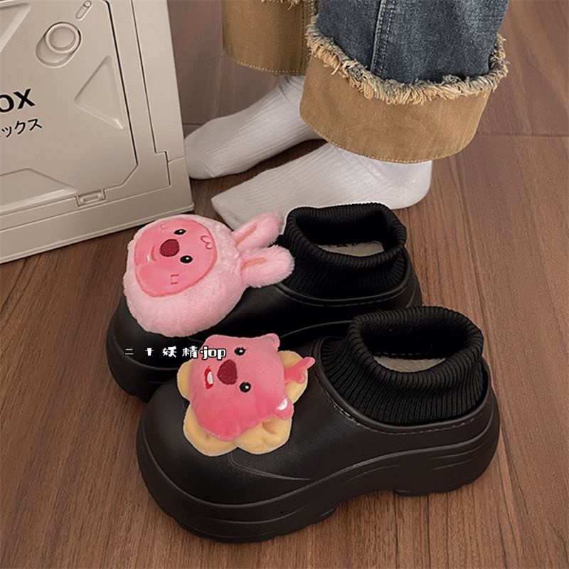 Dép Bông Bông Đi Trong Nhà Đế Dày Ấm Áp Màu Đỏ Đào Trắng Đen