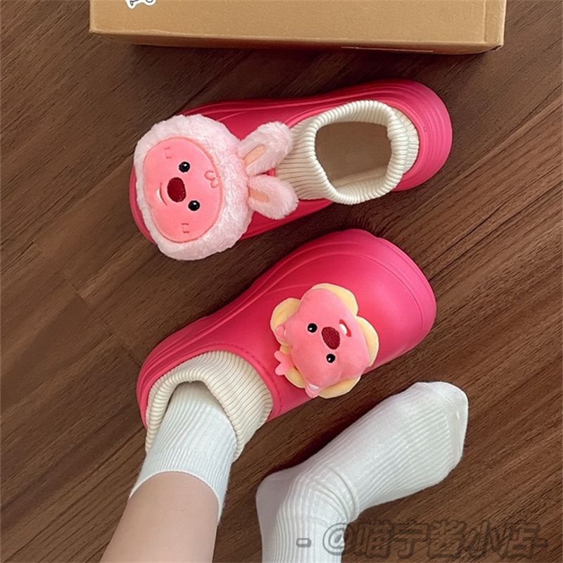 Dép Bông Bông Đi Trong Nhà Đế Dày Ấm Áp Màu Đỏ Đào Trắng Đen