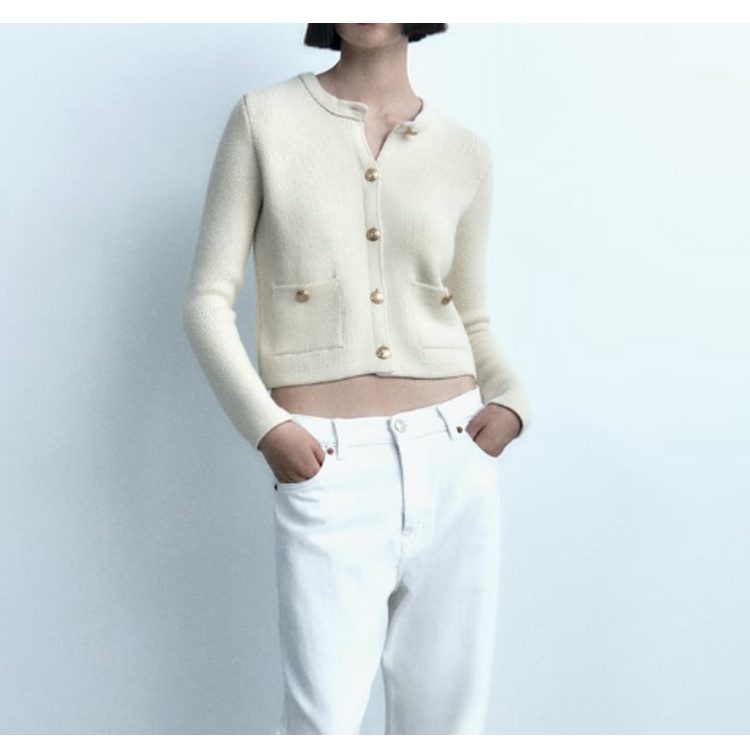 Zara Áo Khoác Dệt Kim Tay Dài Cổ Tròn Có Túi Màu Vàng Thời Trang Thu Đông 233991118