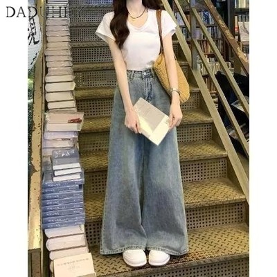 Quần jean DADUHEY lưng cao ống rộng phong cách đường phố Mỹ cổ điển cao cấp cỡ lớn