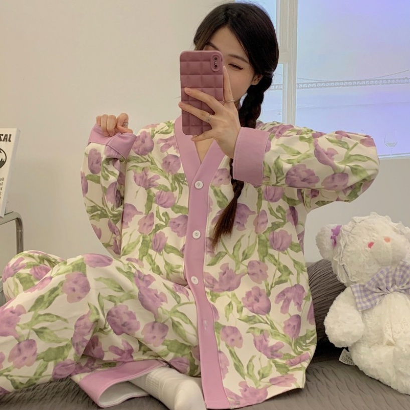 Bộ Đồ Ngủ Chất Liệu Vải satin cotton Dáng Rộng Tay Dài Họa Tiết Hoa tulip m-2xl