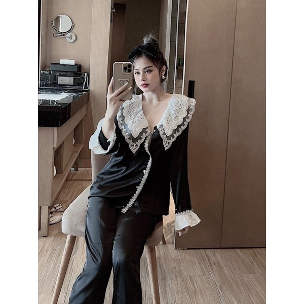 Set Đồ Ngủ Nữ Tiểu Thư Tay Dài Nhún Bèo Lụa - Pijama Quảng Châu FreesizeGiá xưởng