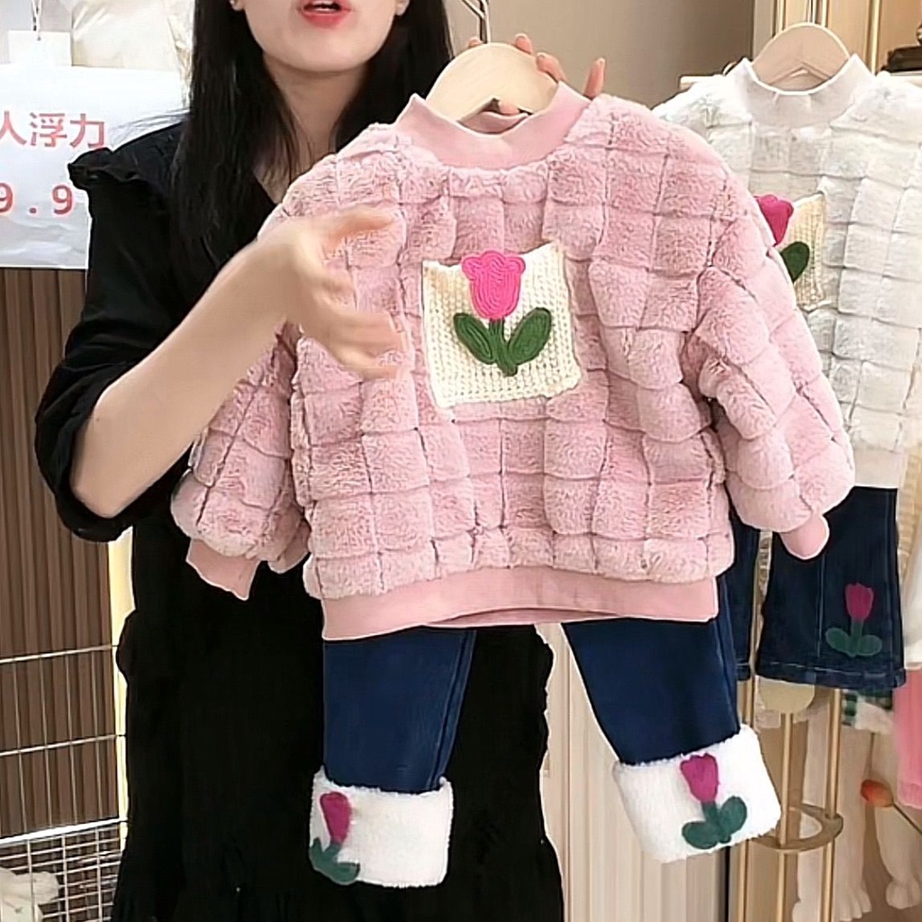 Bộ Áo Nỉ Kèm Quần jeans Lót Lông Cừu Phong Cách Hàn Quốc Thời Trang Thu Đông 2023 Cho Bé Gái