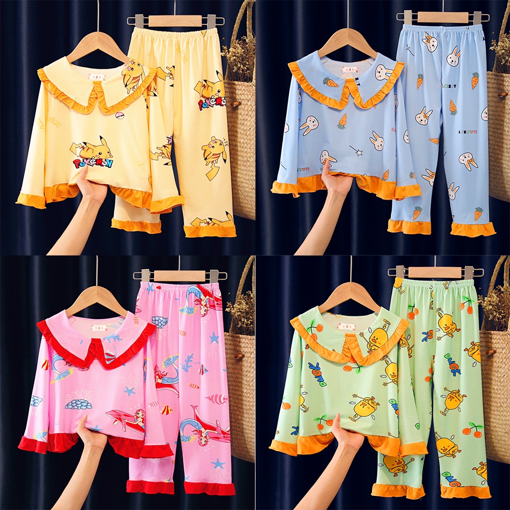 Bộ Đồ Ngủ 2 Món Tay Dài In Hoạt Hình pikachu Nàng Tiên Cá Dễ Thương Cho Bé Gái