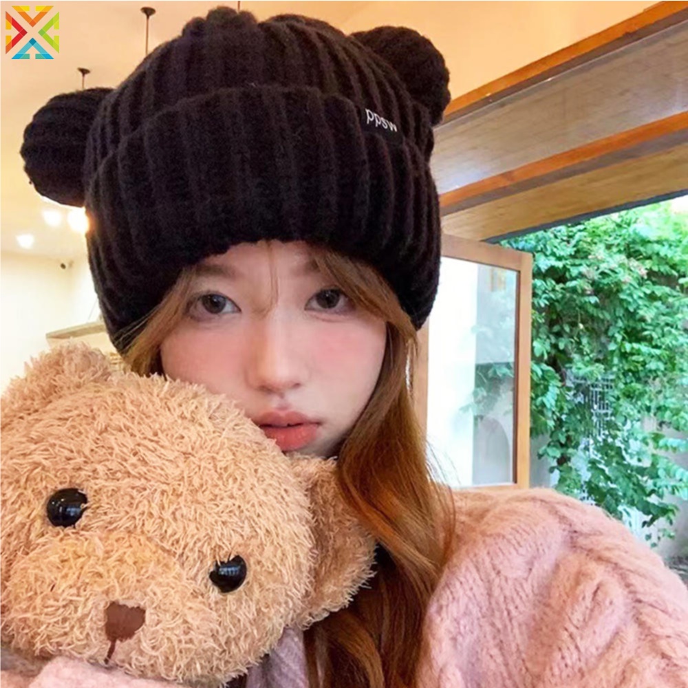 Mũ Len Dày Dặn Mềm Mại Đính Tai Gấu Bông Phong Cách harajuku Hàn Quốc Dễ Thương y2k
