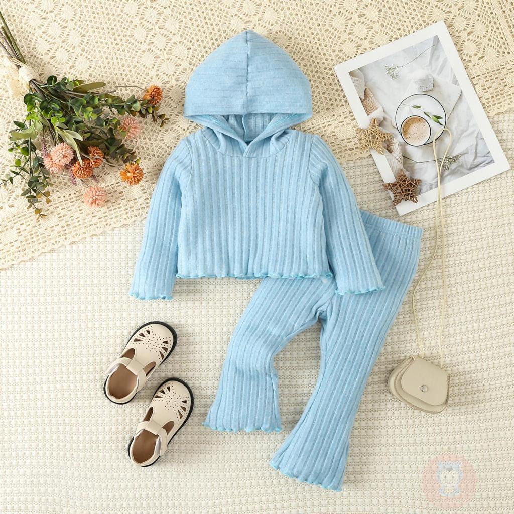 Bộ Áo Hoodie Dài Tay + Quần Ống Loe Màu Trơn laa6-Giày Cho Bé Gái