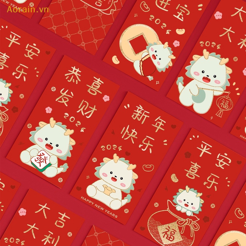 Set 6 Bao Lì Xì Đỏ Hình Rồng May Mắn Trang Trí Năm Mới May Mắn Phong Cách Trung Hoa {cny
