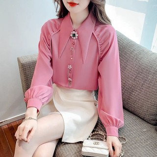 Áo Sơ Mi Chiffon Tay Dài Cổ Nhọn Đính Hạt Thời Trang Xuân Thu Mới 2023 Cho Nữ