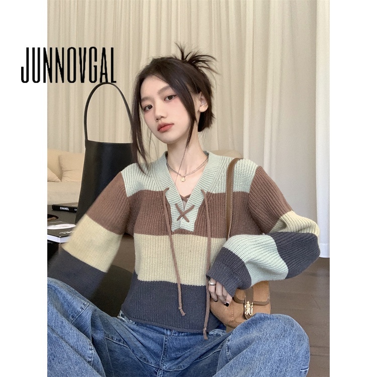 Junnovgal Áo Sweater Cổ Chữ v Tay Dài Dáng Ôm Phối Màu Tương Phản Thời Trang 2023